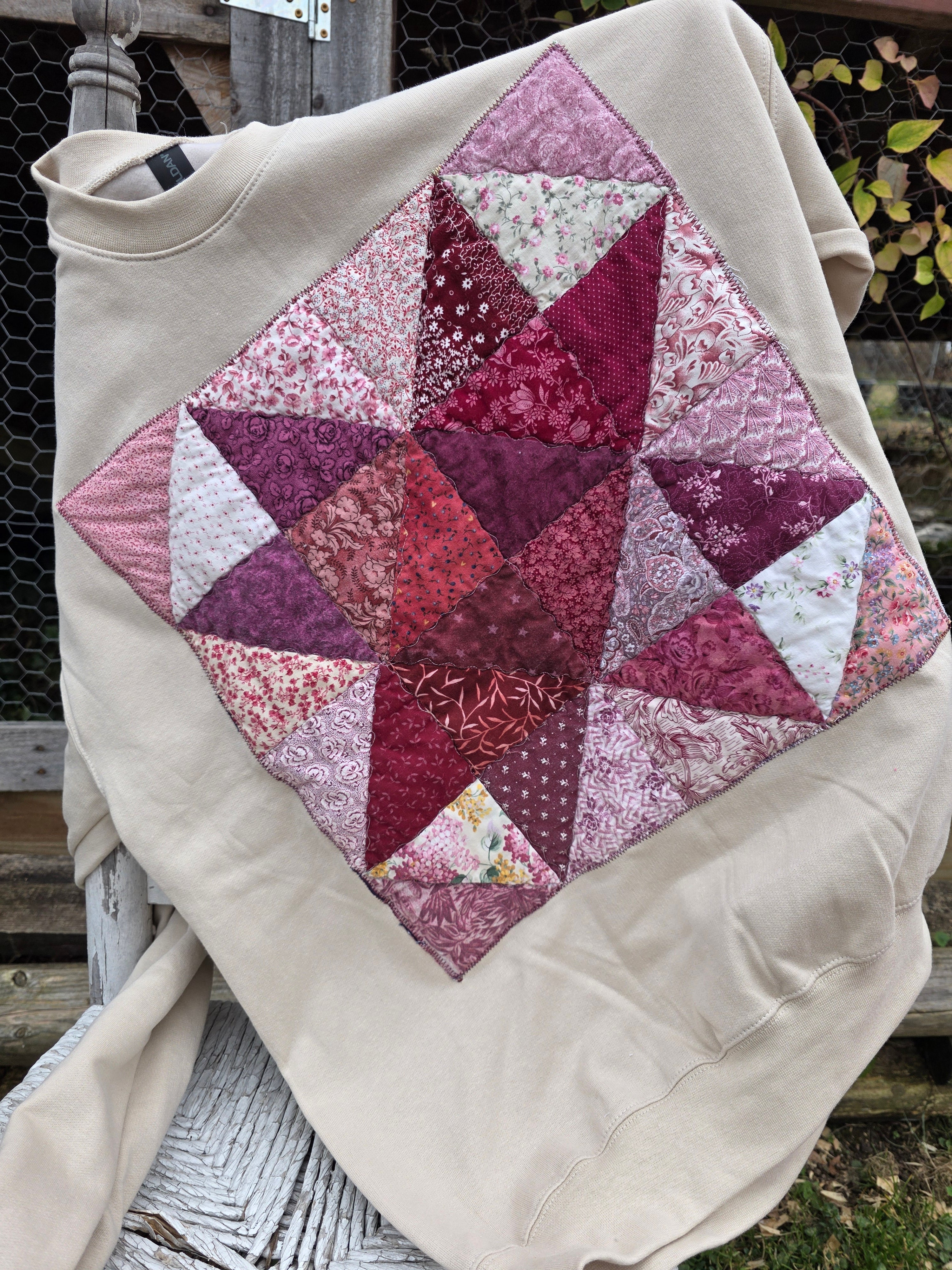 oversized sawtooth quilt block crewneck- size L- ready to ship